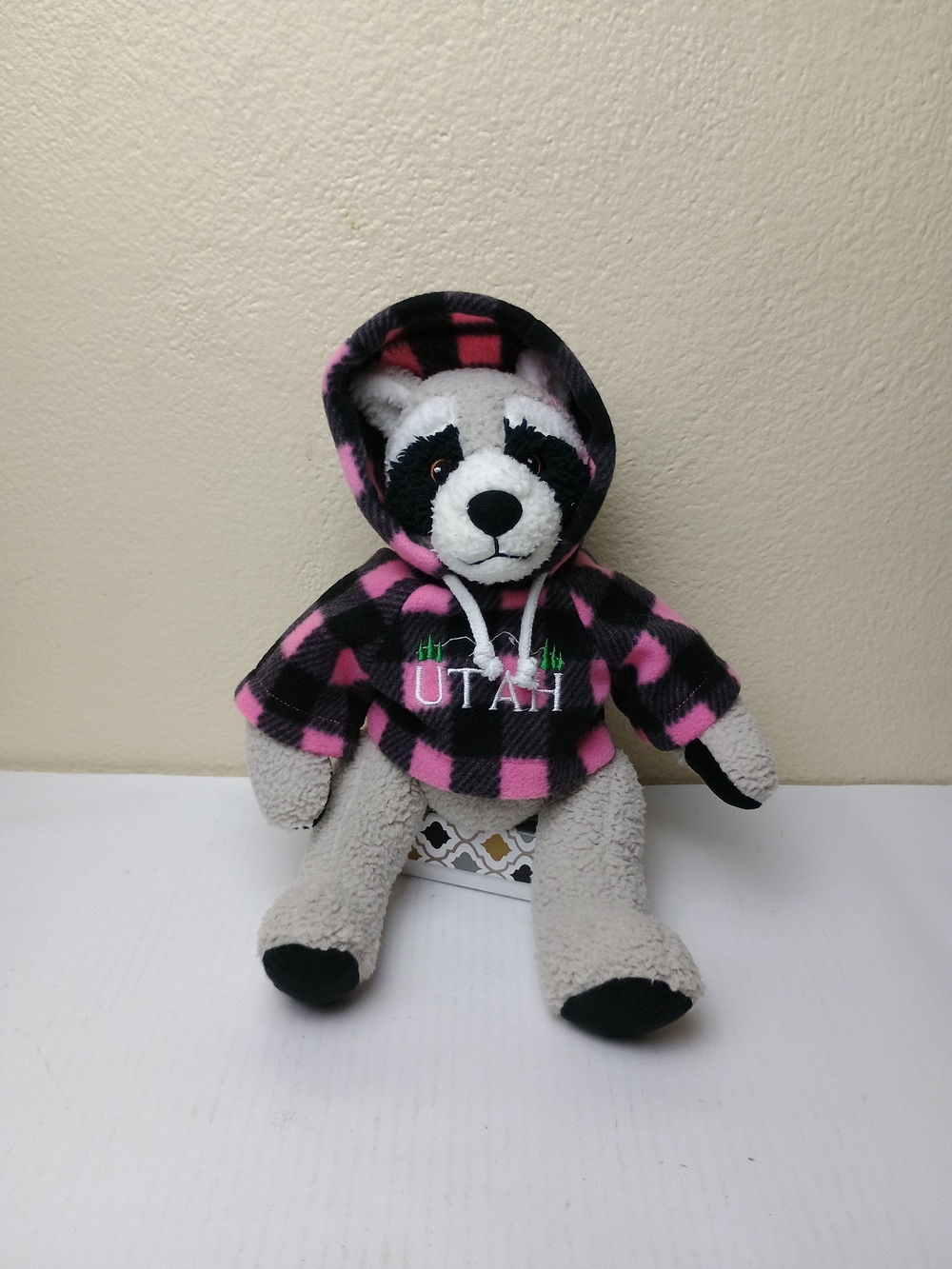 Utah Plush Rocco Raccoon in Pink & Black Plaid Hoodie - Stuffed Animal House